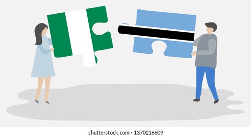 Couple holding two puzzles pieces with Nigerian and Motswana flags. Nigeria and Botswana national symbols together.