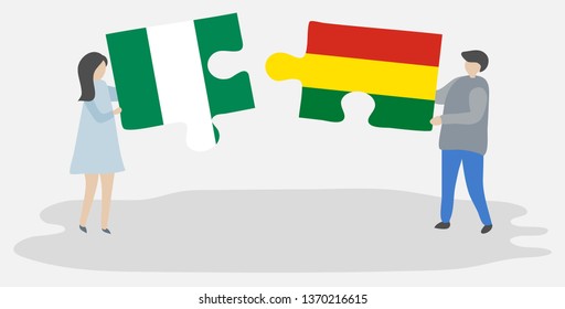 Couple holding two puzzles pieces with Nigerian and Bolivian flags. Nigeria and Bolivia national symbols together.