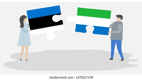 Couple holding two puzzles pieces with Estonian and Sierra Leonean flags. Estonia and Sierra Leone national symbols together.