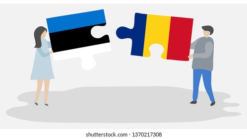 Couple holding two puzzles pieces with Estonian and Romanian flags. Estonia and Romania national symbols together.