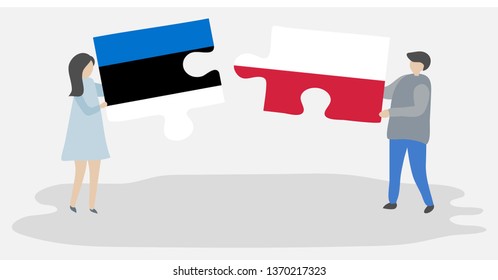 Couple holding two puzzles pieces with Estonian and Polish flags. Estonia and Poland national symbols together.