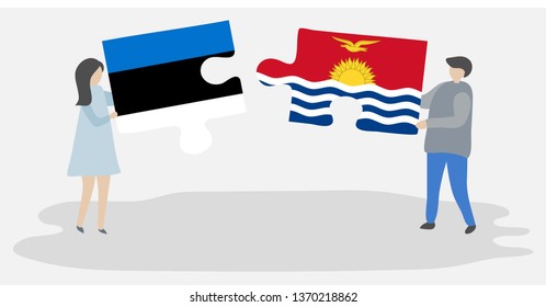 Couple holding two puzzles pieces with Estonian and I-Kiribati flags. Estonia and Kiribati national symbols together.