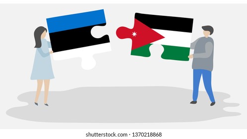 Couple holding two puzzles pieces with Estonian and Jordanian flags. Estonia and Jordan national symbols together.
