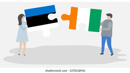 Couple holding two puzzles pieces with Estonian and Ivorian flags. Estonia and Ivory Coast national symbols together.