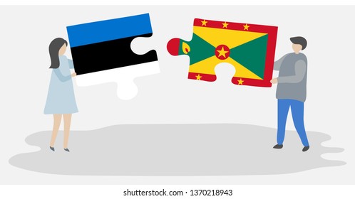 Couple holding two puzzles pieces with Estonian and Grenadian flags. Estonia and Grenada national symbols together.