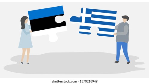 Couple holding two puzzles pieces with Estonian and Greek flags. Estonia and Greece national symbols together.