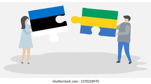 Couple holding two puzzles pieces with Estonian and Gabonese flags. Estonia and Gabon national symbols together.