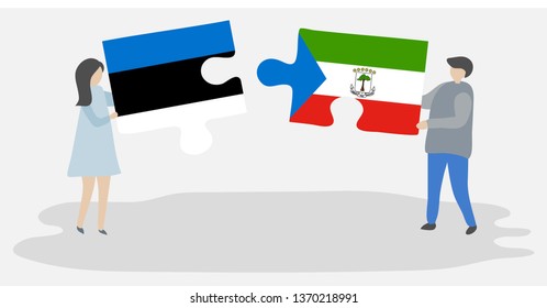 Couple holding two puzzles pieces with Estonian and Equatorial Guinean flags. Estonia and Equatorial Guinea national symbols together.