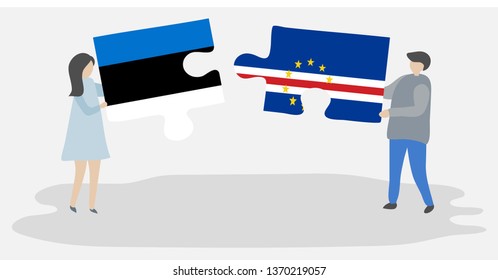 Couple holding two puzzles pieces with Estonian and Cabo Verdean flags. Estonia and Cape Verde national symbols together.