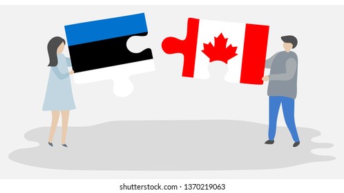 Couple holding two puzzles pieces with Estonian and Canadian flags. Estonia and Canada national symbols together.