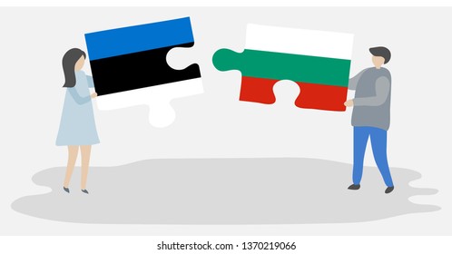 Couple holding two puzzles pieces with Estonian and Bulgarian flags. Estonia and Bulgaria national symbols together.