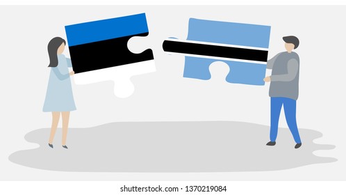 Couple holding two puzzles pieces with Estonian and Motswana flags. Estonia and Botswana national symbols together.