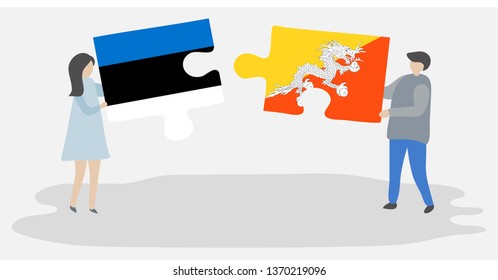 Couple holding two puzzles pieces with Estonian and Bhutanese flags. Estonia and Bhutan national symbols together.