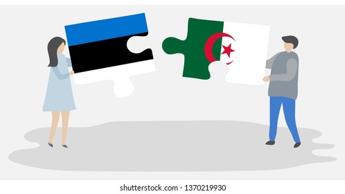 Couple holding two puzzles pieces with Estonian and Algerian flags. Estonia and Algeria national symbols together.