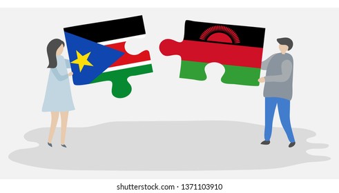 Couple holding two puzzles pieces with South Sudanese and Malawian flags. South Sudan and Malawi national symbols together.