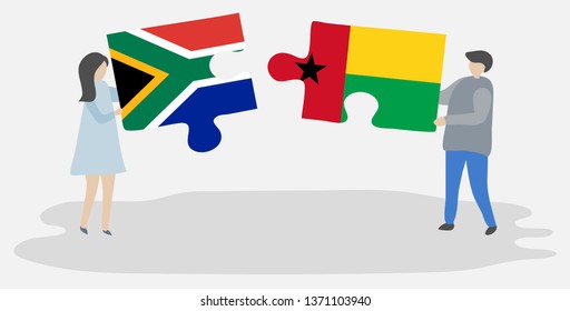 Couple holding two puzzles pieces with South African and Bissau-Guinean flags. South Africa and Guinea-Bissau national symbols together.