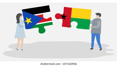 Couple holding two puzzles pieces with South Sudanese and Bissau-Guinean flags. South Sudan and Guinea-Bissau national symbols together.