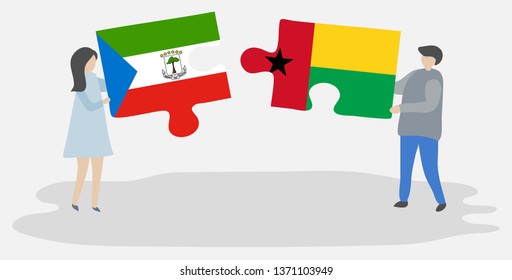 Couple holding two puzzles pieces with Equatorial Guinean and Bissau-Guinean flags. Equatorial Guinea and Guinea-Bissau national symbols together.