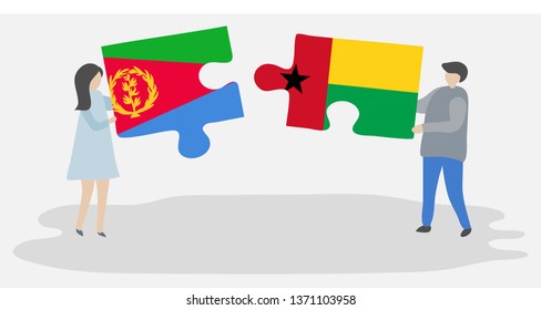 Couple holding two puzzles pieces with Eritrean and Bissau-Guinean flags. Eritrea and Guinea-Bissau national symbols together.
