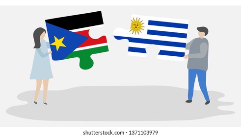 Couple holding two puzzles pieces with South Sudanese and Uruguayan flags. South Sudan and Uruguay national symbols together.