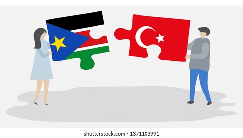 Couple holding two puzzles pieces with South Sudanese and Turkish flags. South Sudan and Turkey national symbols together.