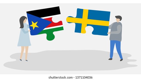 Couple holding two puzzles pieces with South Sudanese and Swedish flags. South Sudan and Sweden national symbols together.
