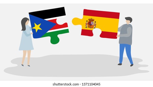 Couple holding two puzzles pieces with South Sudanese and Spanish flags. South Sudan and Spain national symbols together.