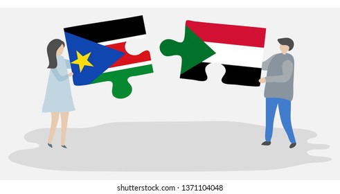 Couple holding two puzzles pieces with South Sudanese and Sudanese flags. South Sudan and Sudan national symbols together.