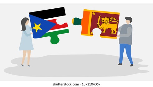 Couple holding two puzzles pieces with South Sudanese and Sri Lankan flags. South Sudan and Sri Lanka national symbols together.