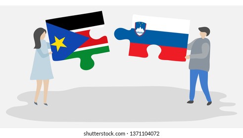 Couple holding two puzzles pieces with South Sudanese and Slovenian flags. South Sudan and Slovenia national symbols together.