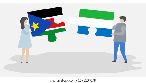 Couple holding two puzzles pieces with South Sudanese and Sierra Leonean flags. South Sudan and Sierra Leone national symbols together.