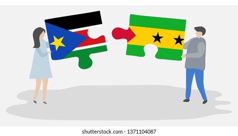 Couple holding two puzzles pieces with South Sudanese and Sao Tomean flags. South Sudan and Sao Tome and Principe national symbols together.