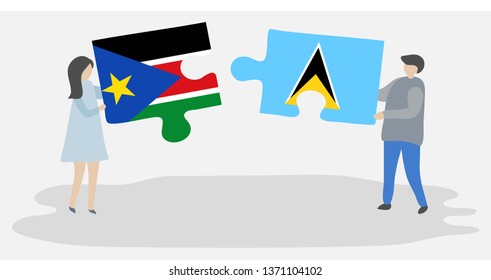 Couple holding two puzzles pieces with South Sudanese and Saint Lucian flags. South Sudan and Saint Lucia national symbols together.