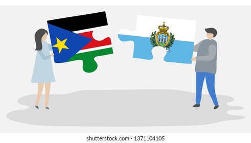 Couple holding two puzzles pieces with South Sudanese and Sammarinese flags. South Sudan and San Marino national symbols together.