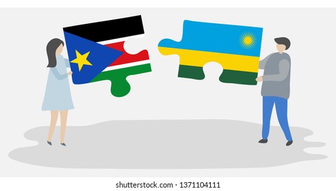 Couple holding two puzzles pieces with South Sudanese and Rwandan flags. South Sudan and Rwanda national symbols together.