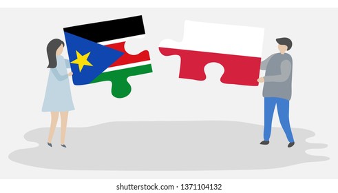 Couple holding two puzzles pieces with South Sudanese and Polish flags. South Sudan and Poland national symbols together.