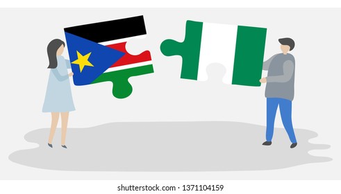 Couple holding two puzzles pieces with South Sudanese and Nigerian flags. South Sudan and Nigeria national symbols together.