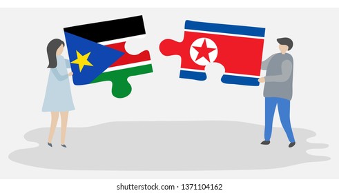 Couple holding two puzzles pieces with South Sudanese and North Korean flags. South Sudan and North Korea national symbols together.
