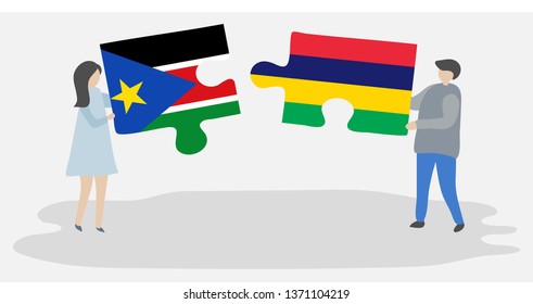 Couple holding two puzzles pieces with South Sudanese and Mauritian flags. South Sudan and Mauritius national symbols together.