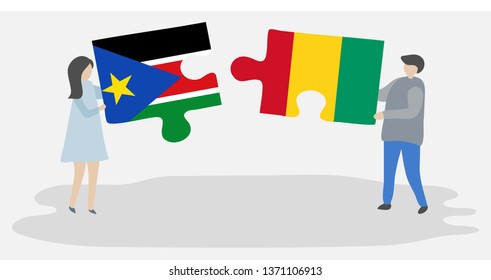 Couple holding two puzzles pieces with South Sudanese and Guinean flags. South Sudan and Guinea national symbols together.