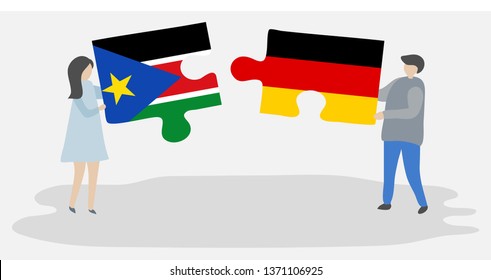 Couple holding two puzzles pieces with South Sudanese and German flags. South Sudan and Germany national symbols together.