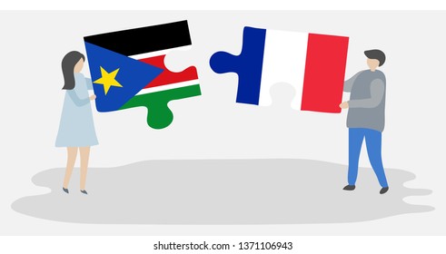 Couple holding two puzzles pieces with South Sudanese and French flags. South Sudan and France national symbols together.
