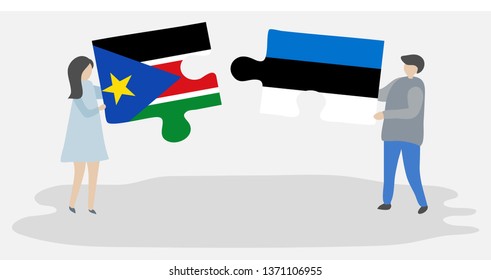 Couple holding two puzzles pieces with South Sudanese and Estonian flags. South Sudan and Estonia national symbols together.