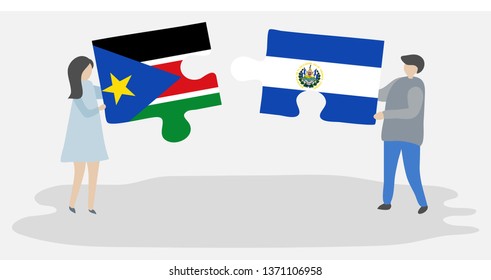 Couple holding two puzzles pieces with South Sudanese and Salvadoran flags. South Sudan and El Salvador national symbols together.