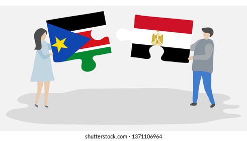 Couple holding two puzzles pieces with South Sudanese and Egyptian flags. South Sudan and Egypt national symbols together.