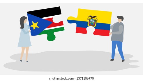 Couple holding two puzzles pieces with South Sudanese and Ecuadorian flags. South Sudan and Ecuador national symbols together.