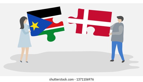 Couple holding two puzzles pieces with South Sudanese and Danish flags. South Sudan and Denmark national symbols together.