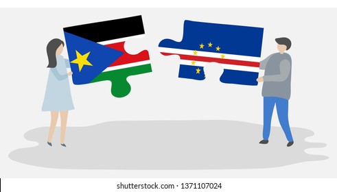 Couple holding two puzzles pieces with South Sudanese and Cabo Verdean flags. South Sudan and Cape Verde national symbols together.