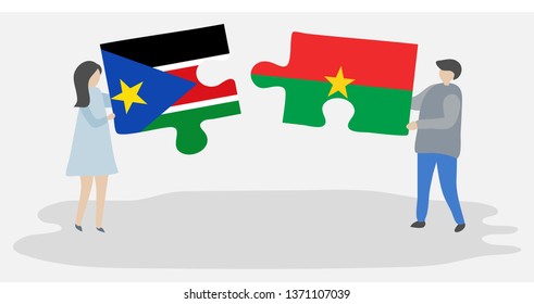Couple holding two puzzles pieces with South Sudanese and Burkinabe flags. South Sudan and Burkina Faso national symbols together.