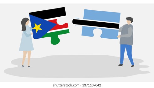 Couple holding two puzzles pieces with South Sudanese and Motswana flags. South Sudan and Botswana national symbols together.
